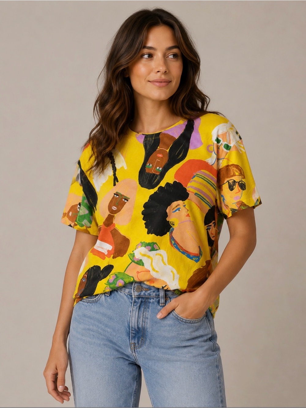 NWOT Zara Yellow Multicolor Illustrated Portrait Crop Top